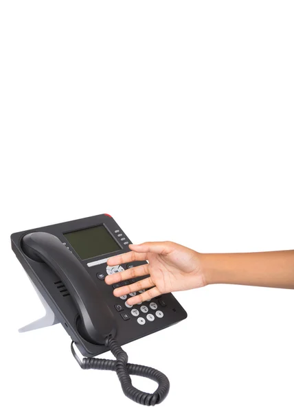 Female Hand Picking Desktop Telephone Handset White Background — Stock Photo, Image