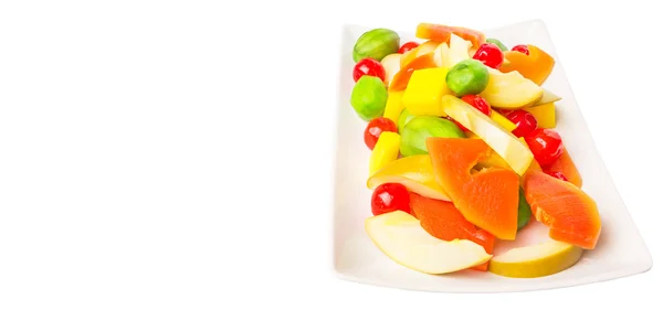 Mix Variety Pickled Fruit Papaya Mango Cherry Jicama White Plate — Stock Photo, Image
