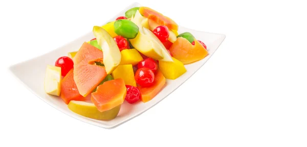 Mix Różnych Marynowane Owoce Papaja Mango Wiśni Jicama Białym Talerzu — Zdjęcie stockowe
