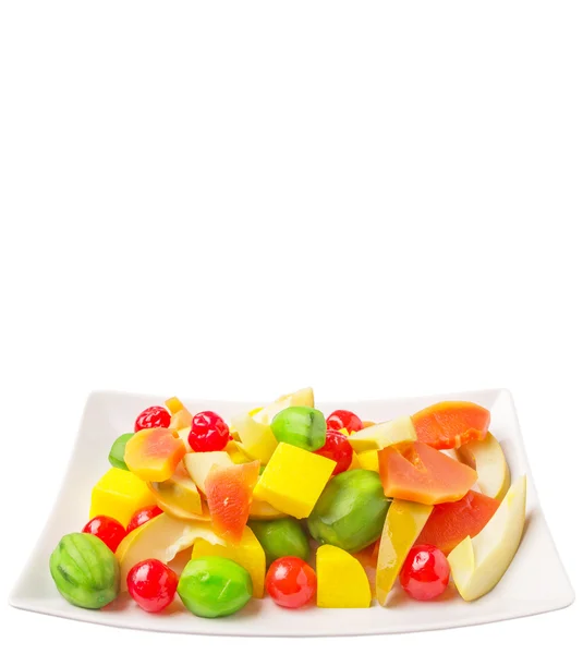 Mix Variety Pickled Fruit Papaya Mango Cherry Jicama White Plate — Stock Photo, Image