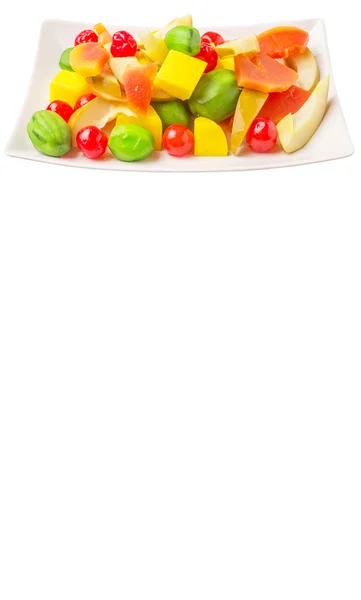 Mix Variety Pickled Fruit Papaya Mango Cherry Jicama White Plate — Stock Photo, Image