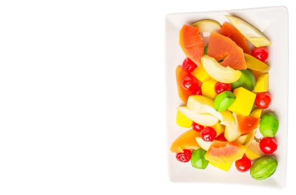 Mix Variety Pickled Fruit Papaya Mango Cherry Jicama White Plate — Stock Photo, Image