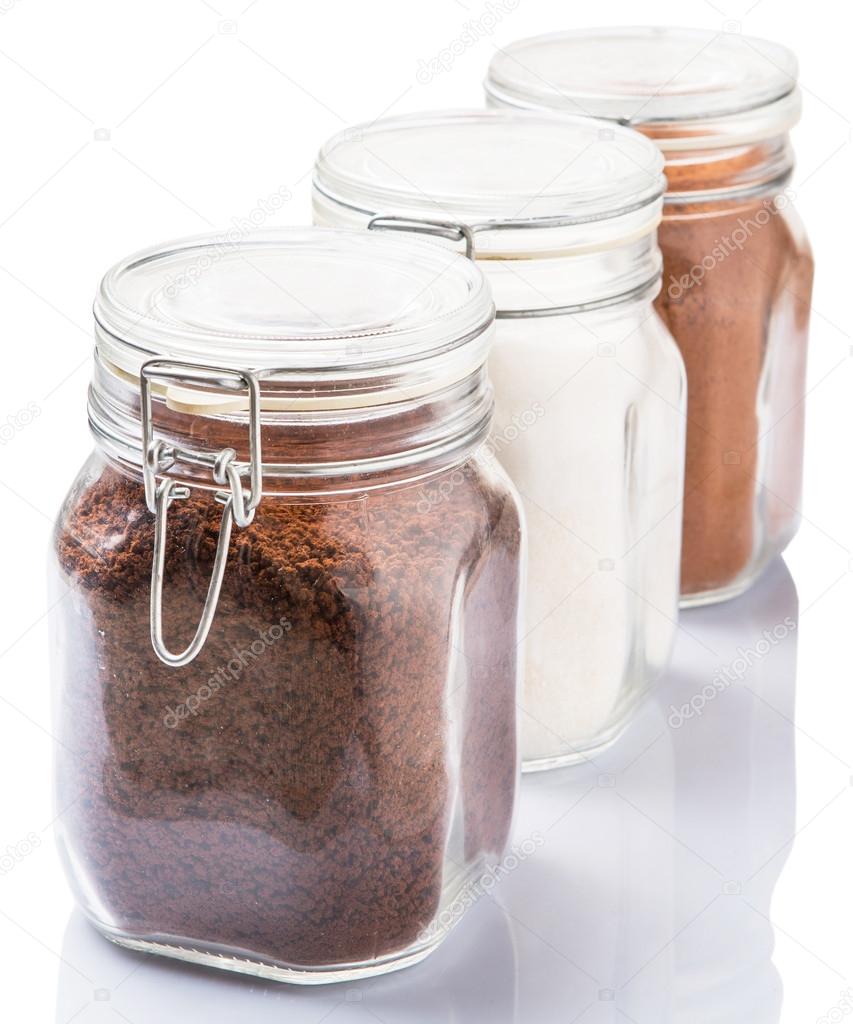 Instant Coffee Chocolate Drink Powder And Sugar In Glass Jar Container Photo By Akulamatiau Instant Coffee Chocolate Drink Powder And Sugar In Glass Jar Container Photo By Akulamatiau
