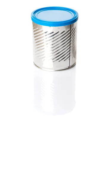Empty Tin Can Blue Lid White Background — Stock Photo, Image