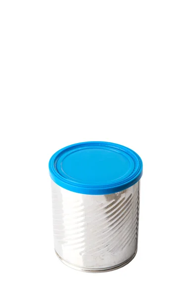 空装着蓝色铁罐在白色的背景 — 图库照片