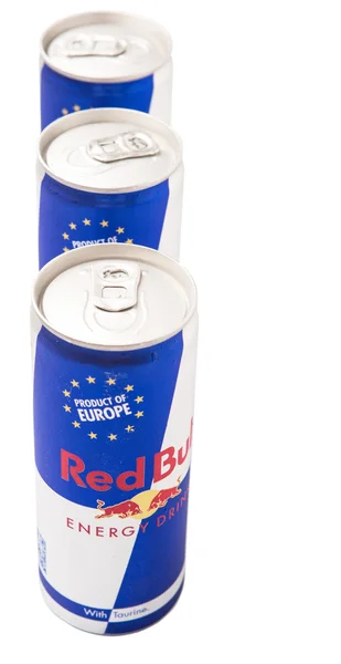 Boîtes Boisson Énergisante Red Bull Sur Fond Blanc — Photo