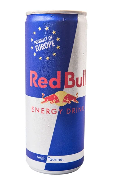 Blikjes Red Bull Energiedrank Witte Achtergrond — Stockfoto