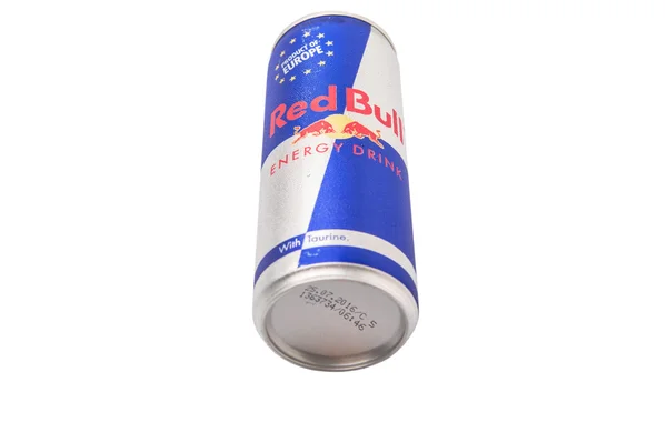 Latas Red Bull Bebida Energética Sobre Fondo Blanco —  Fotos de Stock