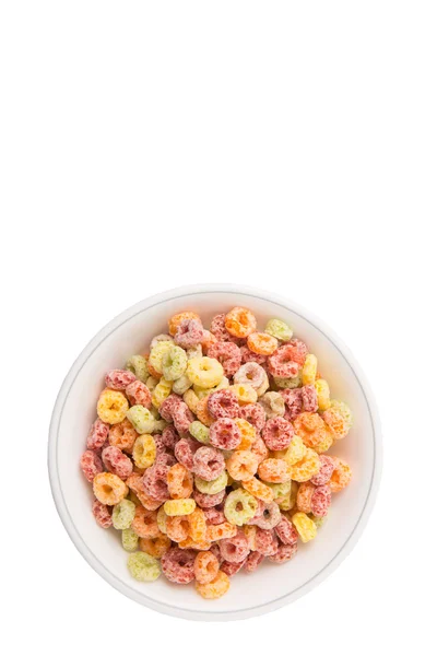 Bunte Früchte Aromatisierten Schleifen Geformte Müsli Einer Weißen Schüssel Über — Stockfoto