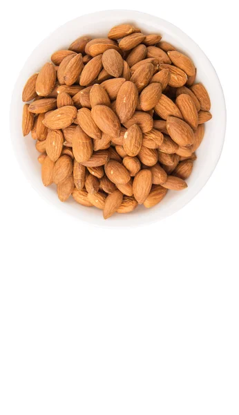 Kacang Almond Mentah Dalam Mangkuk Putih Atas Latar Belakang Putih — Stok Foto