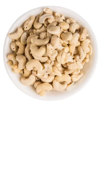 Raw Cashewnötter Vit Skål Över Vit Bakgrund — Stockfoto