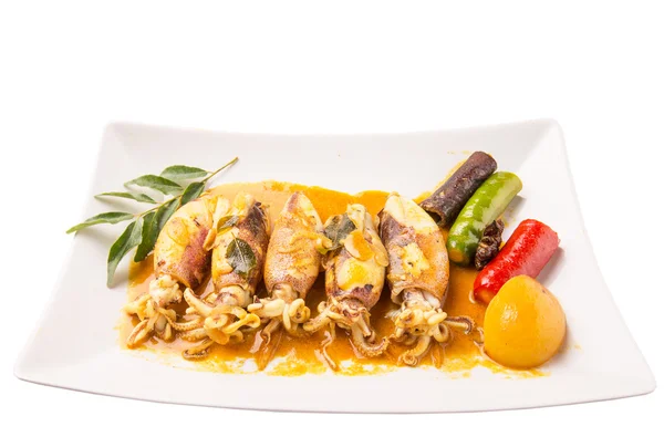 Stekt blekksprut med Curry Gravy – stockfoto