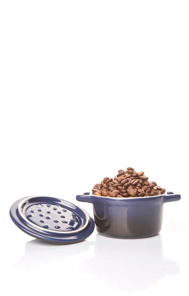 Roasted Coffee Beans In Blue Ceramic Pot — Stock Photo, Image