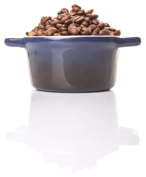 Roasted Coffee Beans In Blue Ceramic Pot — Stock Photo, Image