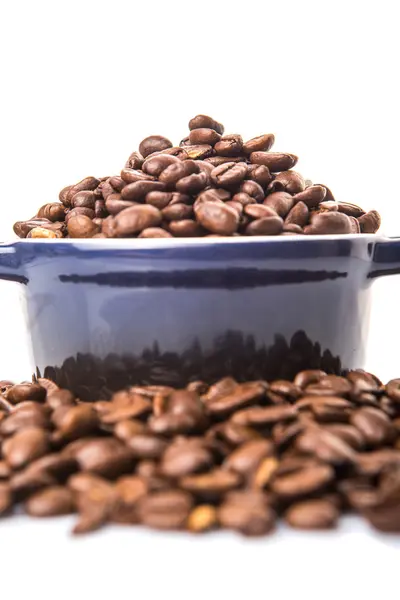 Roasted Coffee Beans In Blue Ceramic Pot — Stock Photo, Image