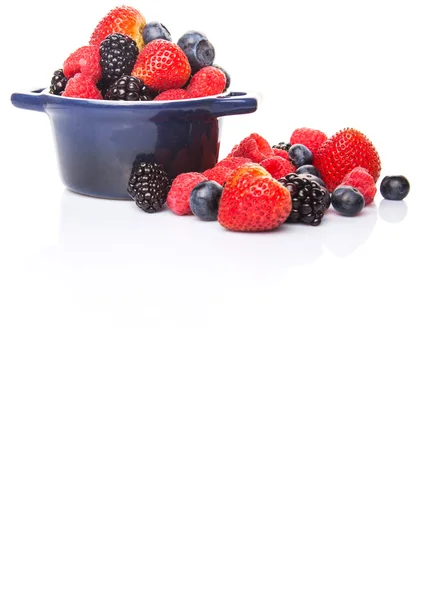 Strawberry Blackberry Blueberry Raspberry Blue Single Pot White Background — Stock Photo, Image