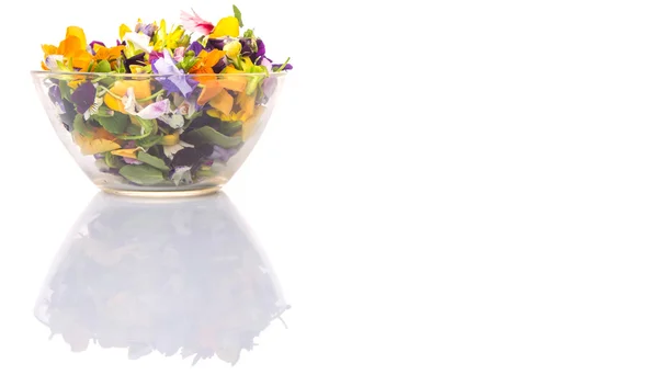 Mix Edible Flower Salad In Glass Bowl — Stock Photo, Image