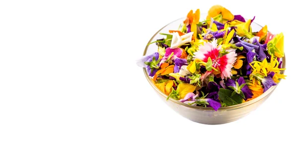 Mix Edible Flower Salad In Glass Bowl — Stock Photo, Image
