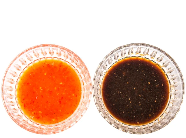 Homemade Soy Sauce Chili Sauce Bowls White Background — Stock Photo, Image