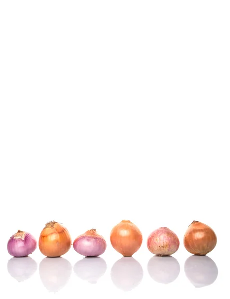 Hámozott indiai piros vöröshagymát és a holland sárga hagyma — Stock Fotó