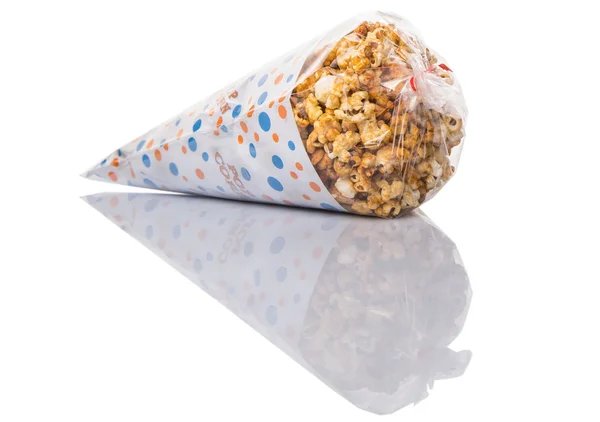 Caramel Popcorn Paper Cone Pack White Background — Stock Photo, Image