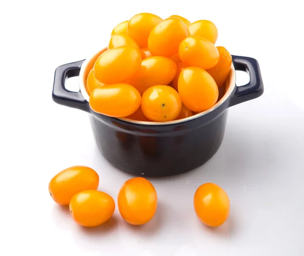 Gul Orange Grape Tomat Blå Kruka Över Vit Bakgrund — Stockfoto