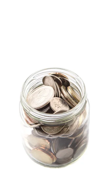 Malaysische Münzen Einem Einmachglas Vor Weißem Hintergrund — Stockfoto