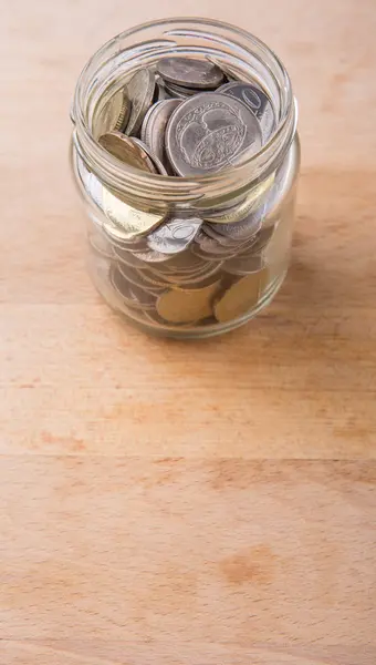 Monedas Malasias Frasco Albañil Sobre Fondo Madera — Foto de Stock