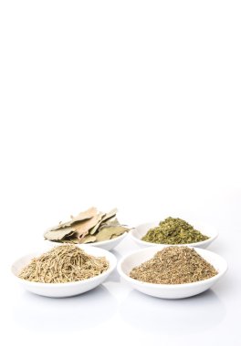 Biberiye, maydanoz, defne yaprağı ve kekik beyaz arka plan üzerinde beyaz kase otlar çeşitli