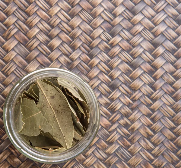 Dried Bay Leaves Mason Jar Wicker Background — Stock Photo, Image