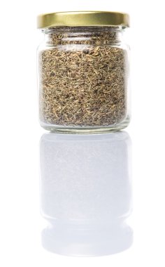 Kekik otlar bir mason kavanoza beyaz arka plan üzerinde kurutulmuş