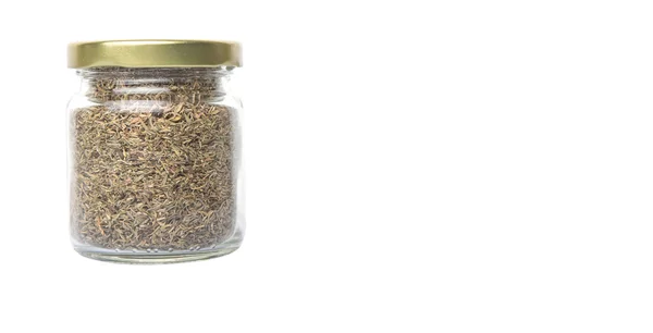 干燥的百里香香草在梅森罐子里 — 图库照片