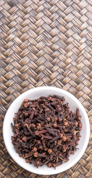 Clove Spices White Bowl Wicker Background — Stock Photo, Image