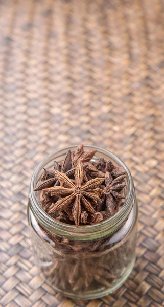 Star Anise Spice Mason Jar Wicker Background — Stock Photo, Image