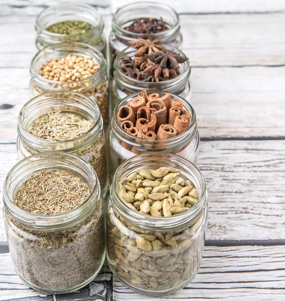 Herbs and Spices In Mason Jars — 图库照片