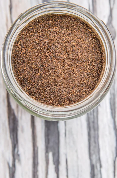 Dried Processed Tea Leaves Mason Jar Rustic Weathered Wooden Background — Stock Photo, Image