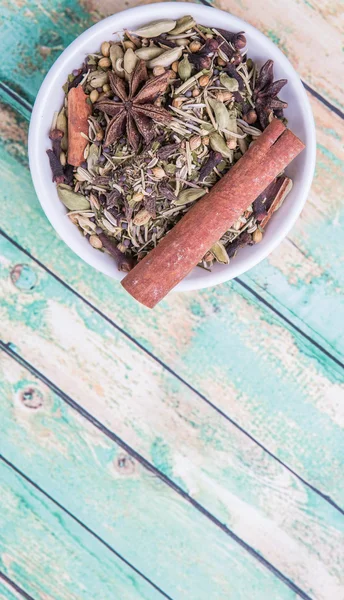 Mix Herbs Spices White Bowl Aged Wooden Background — Stock Photo, Image