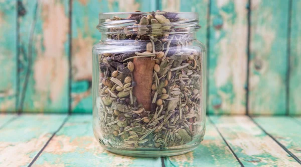 Mix Herbs Spices Mason Jar Weathered Wooden Background — Stock Photo, Image