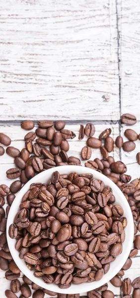 Roasted Coffee Beans White Bowl Rustic Wooden Background — Stock Photo, Image