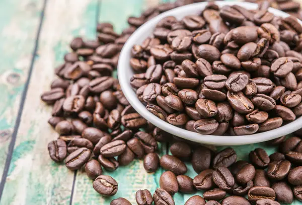 Roasted Coffee Beans White Bowl Rustic Wooden Background — Stock Photo, Image