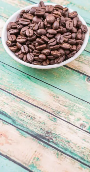 Roasted Coffee Beans White Bowl Rustic Wooden Background — Stock Photo, Image