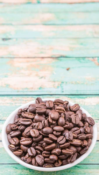 Roasted Coffee Beans White Bowl Rustic Wooden Background — Stock Photo, Image