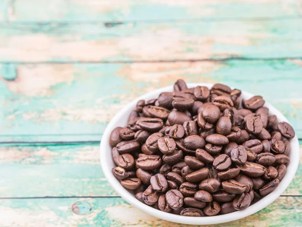 Roasted Coffee Beans White Bowl Rustic Wooden Background — Stock Photo, Image