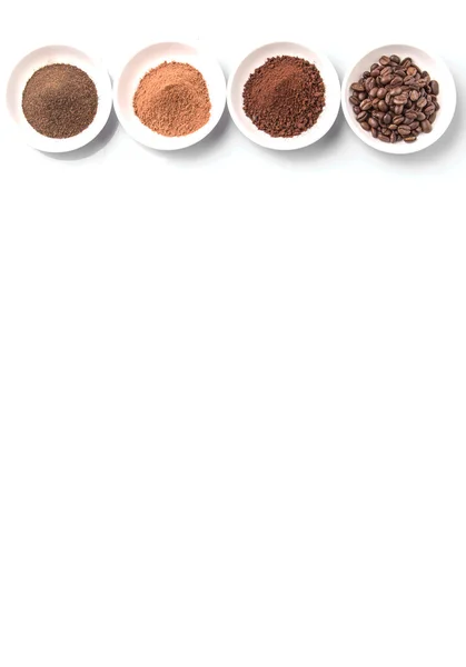 Kaffeebohnen Kaffeepulver Schokoladenpulver Und Verarbeitete Teeblätter Getränke Weißer Schüssel Vor — Stockfoto