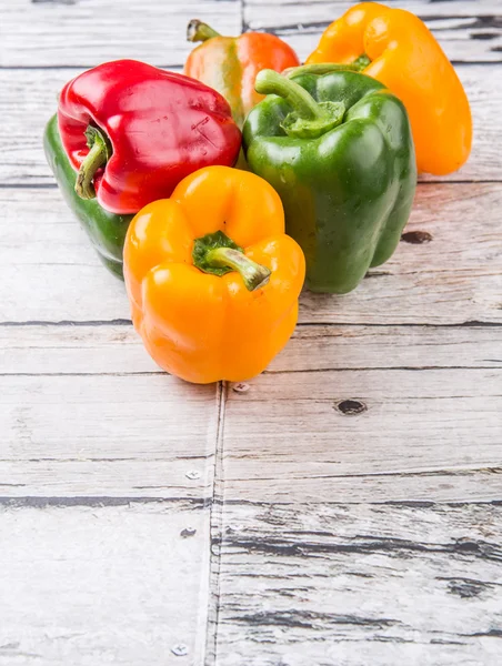 Fresh Colorful Bell Peppers Rustic Wooden Background — Stock Photo, Image