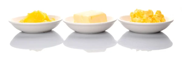 Ein Block Butter Margarine Und Ghee Weißen Schalen — Stockfoto