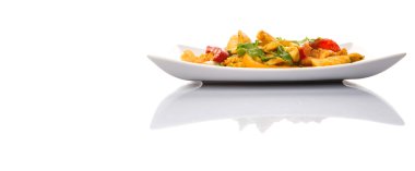 Ayam Paprik veya baharatlı stir fry tavuk beyaz arka plan üzerinde beyaz tabakta Malezya geleneksel çanak