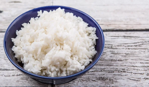 Cooked Steamed Rice Blue Bowl Wooden Background — Stock Photo, Image