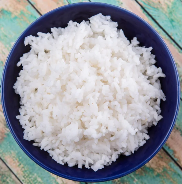 Cooked Steamed Rice Blue Bowl Wooden Background — Stock Photo, Image