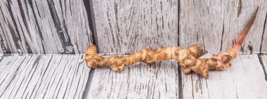 Havlıcan veya Lengkuas kökleri ahşap arka plan üzerinde